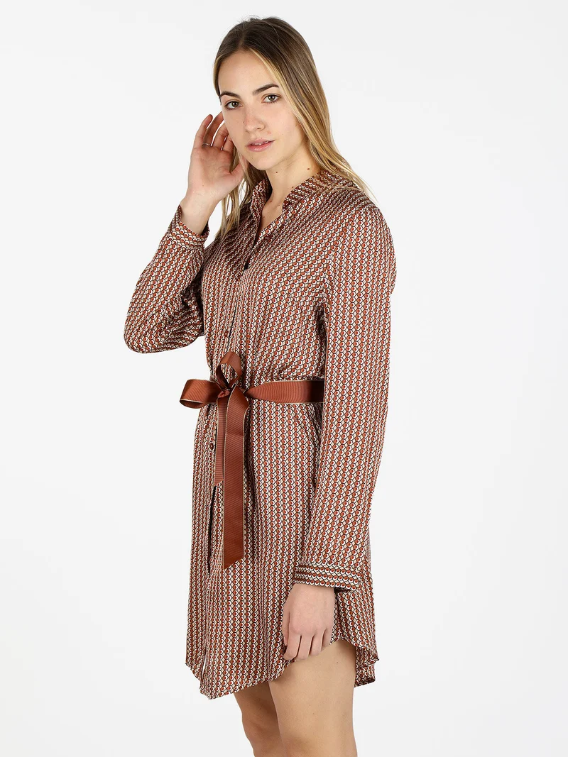 Maxi camicia donna con cintura e collo alla coreana - marrone