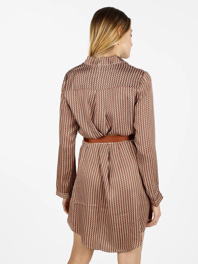 Maxi camicia donna con cintura e collo alla coreana - marrone