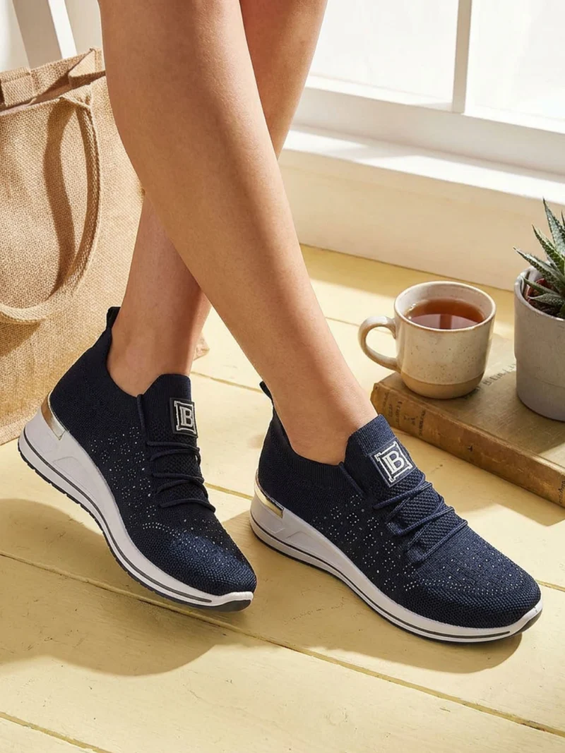 Sneakers donna con strass e zeppa - blu scuro