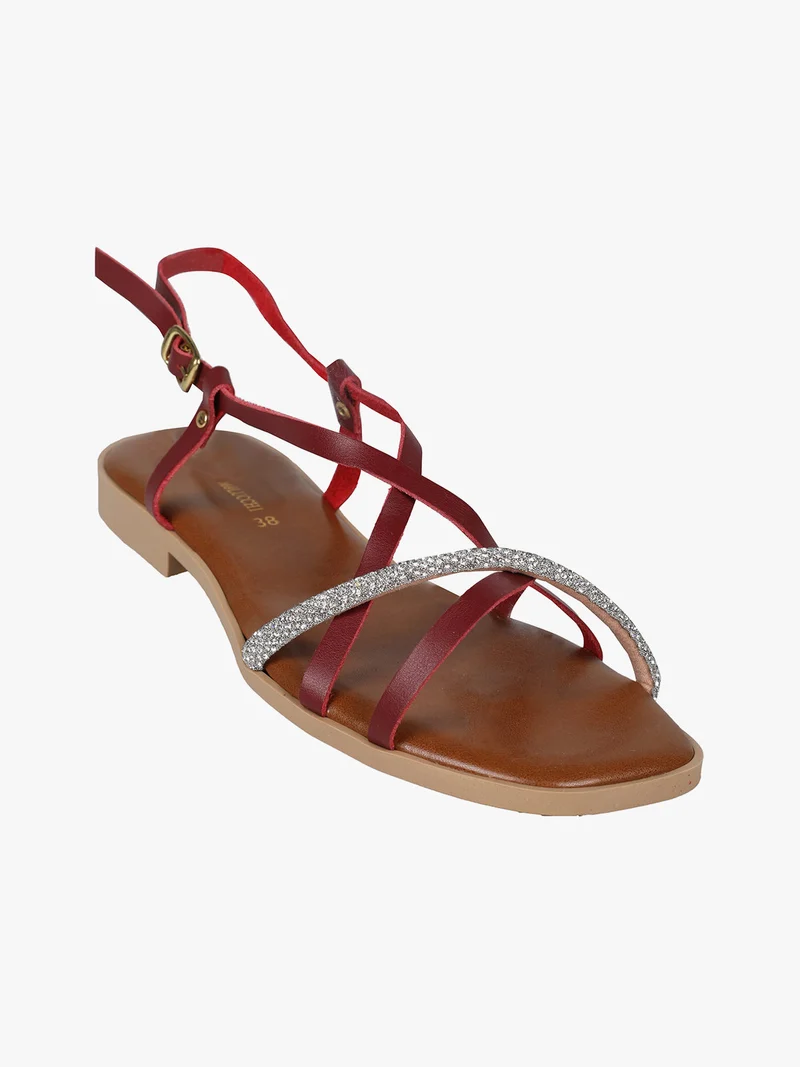 Sandali bassi in pelle da donna con strass - rosso