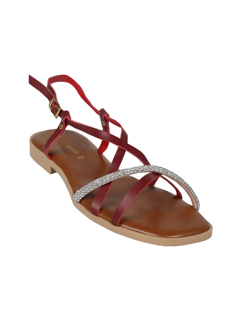 Sandali bassi in pelle da donna con strass - rosso