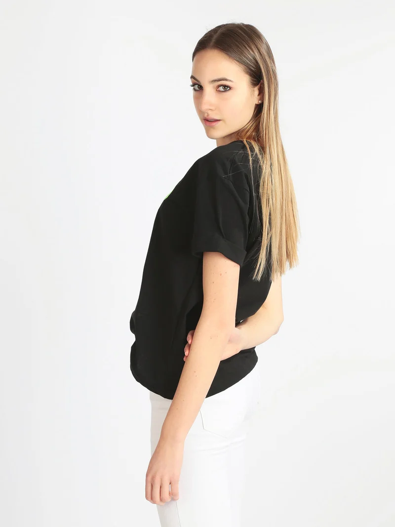 T-shirt donna manica corta con scritta - nero