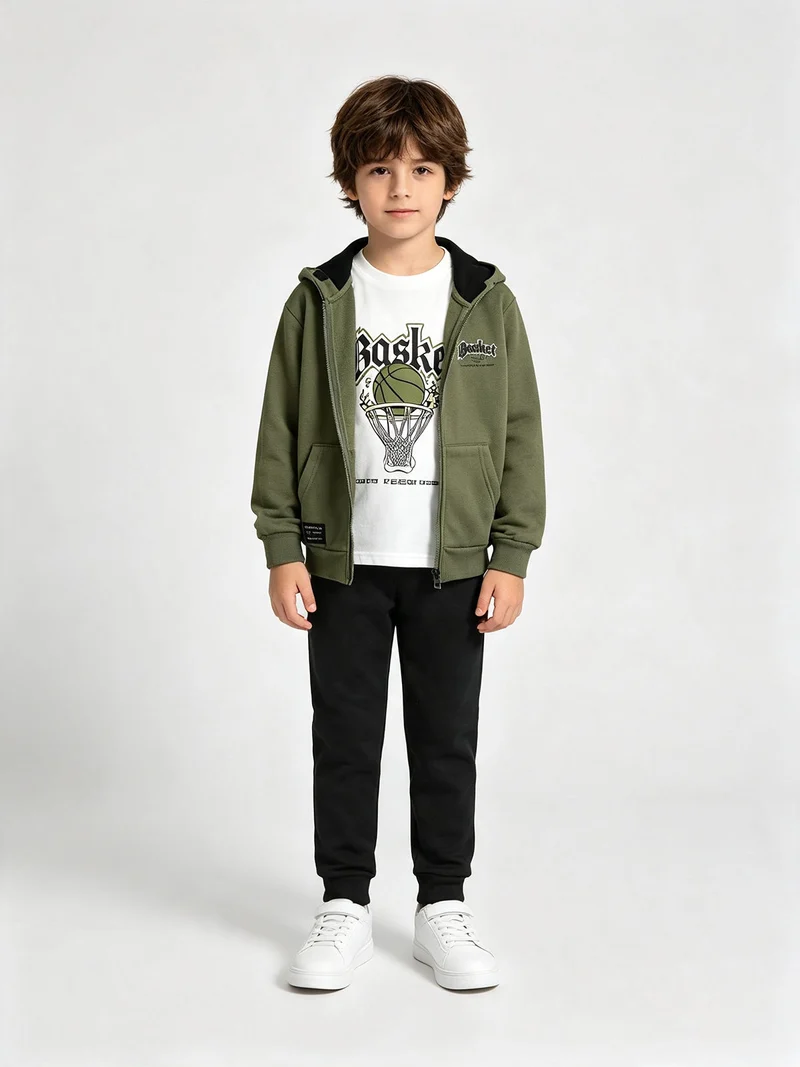 Completo tuta 3 pezzi da bambino full zip con cappuccio e interno felpato - militare