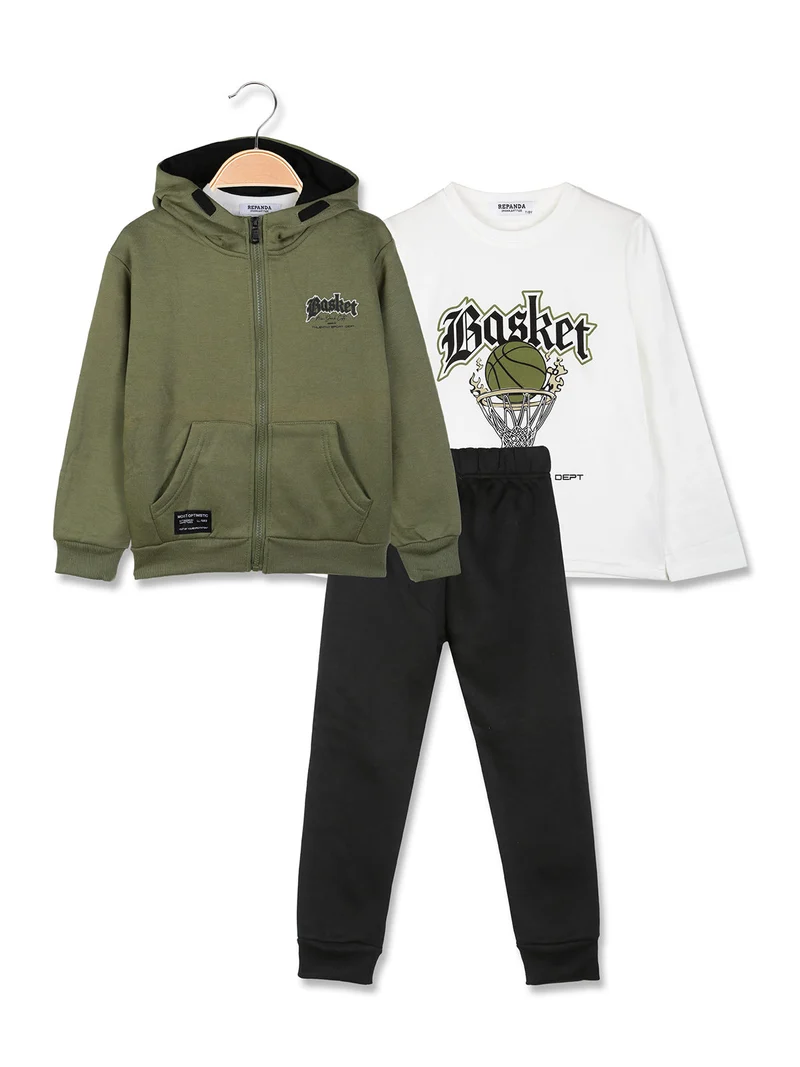 Completo tuta 3 pezzi da bambino full zip con cappuccio e interno felpato - militare