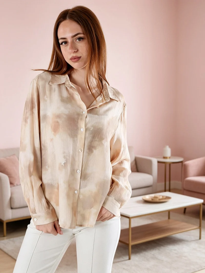 Camicia donna a maniche lunghe effetto seta - beige