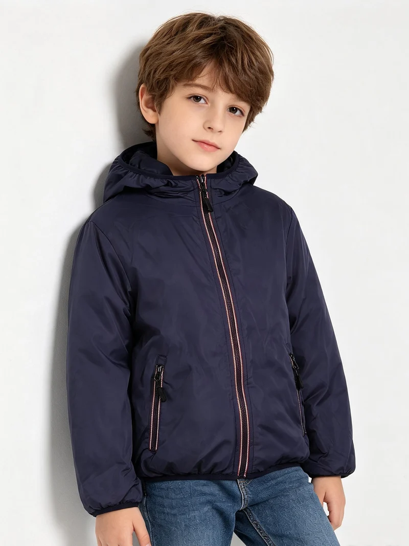 Giubbotto da bambino reversibile con cappuccio e zip - blu scuro