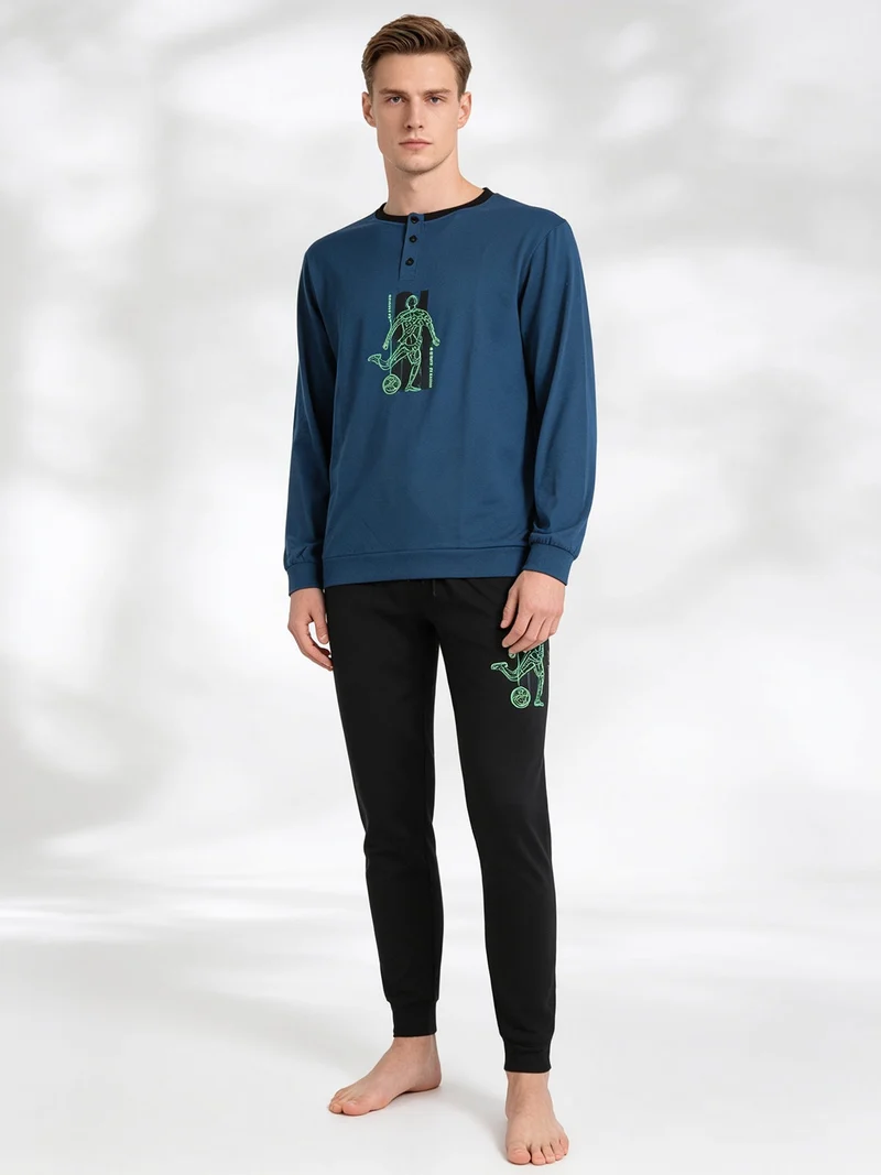 Pigiama lungo da uomo in misto cotone - blu scuro
