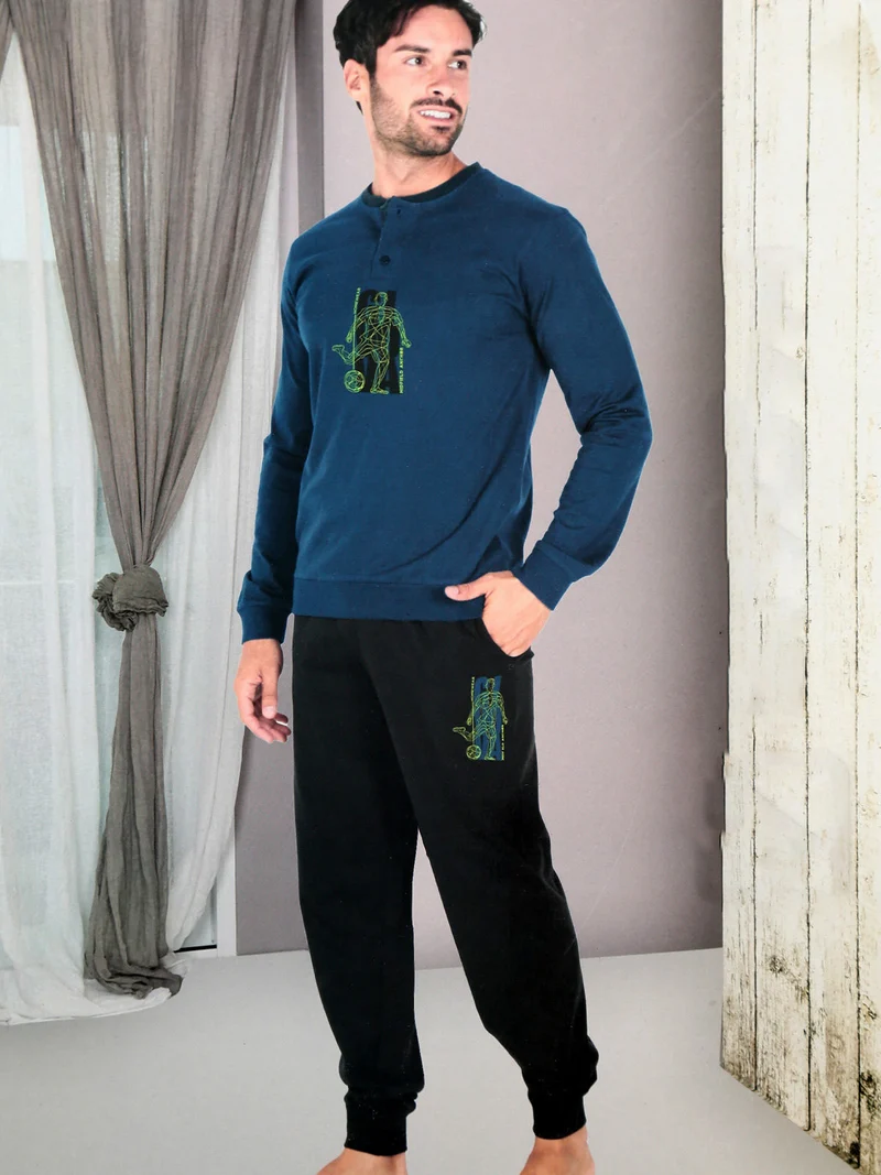 Pigiama lungo da uomo in misto cotone - blu scuro