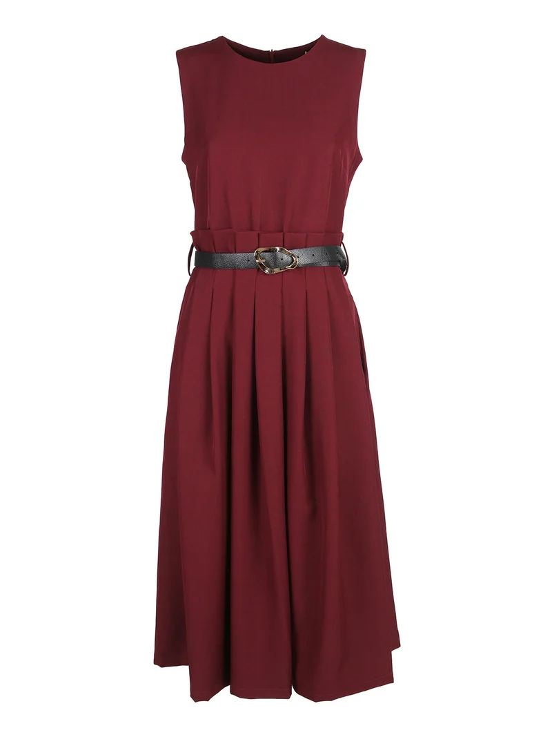 Abito lungo da donna smanicato con cintura - bordeaux