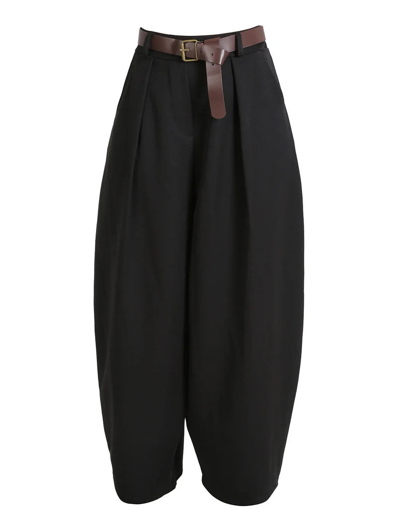 Pantaloni donna casual a palloncino con cintura - nero