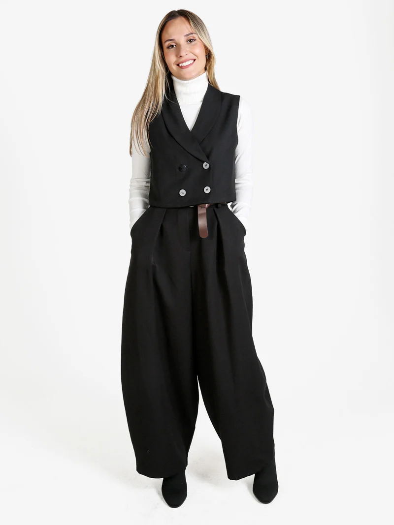 Pantaloni donna casual a palloncino con cintura - nero