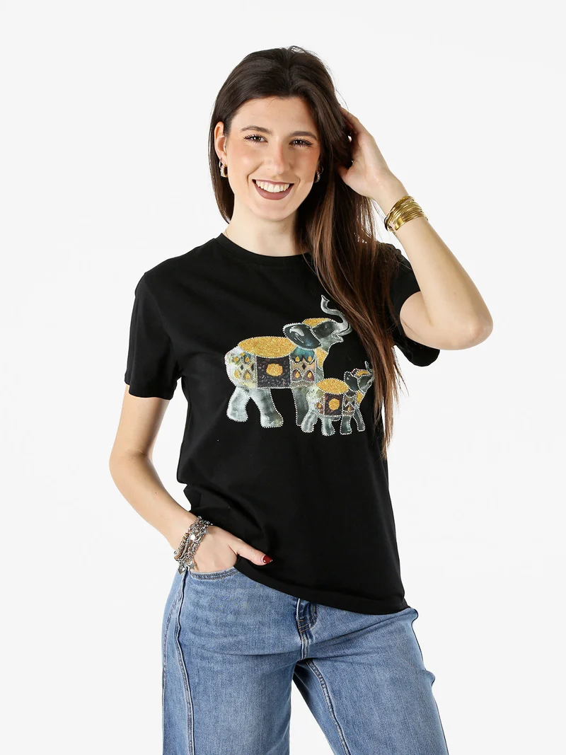 T-shirt donna in cotone con stampa e strass - nero