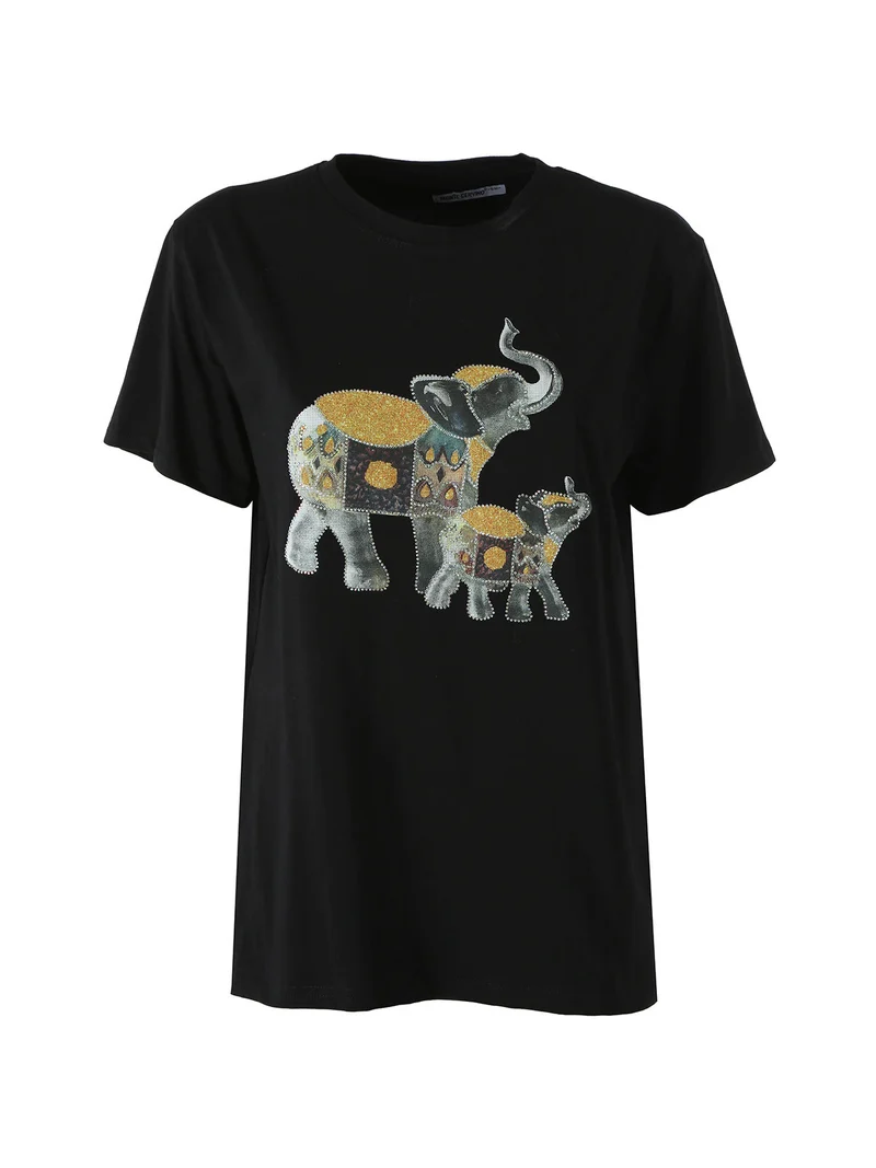 T-shirt donna in cotone con stampa e strass - nero