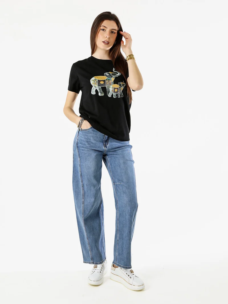 T-shirt donna in cotone con stampa e strass - nero
