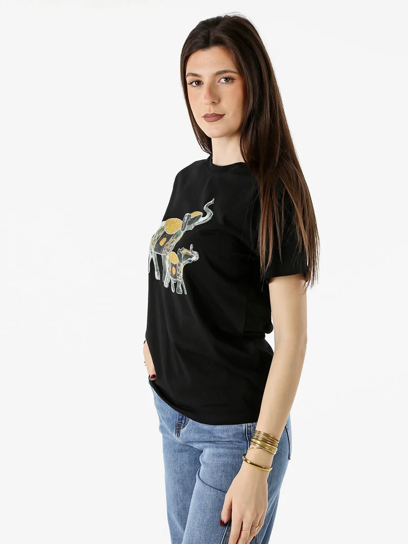 T-shirt donna in cotone con stampa e strass - nero