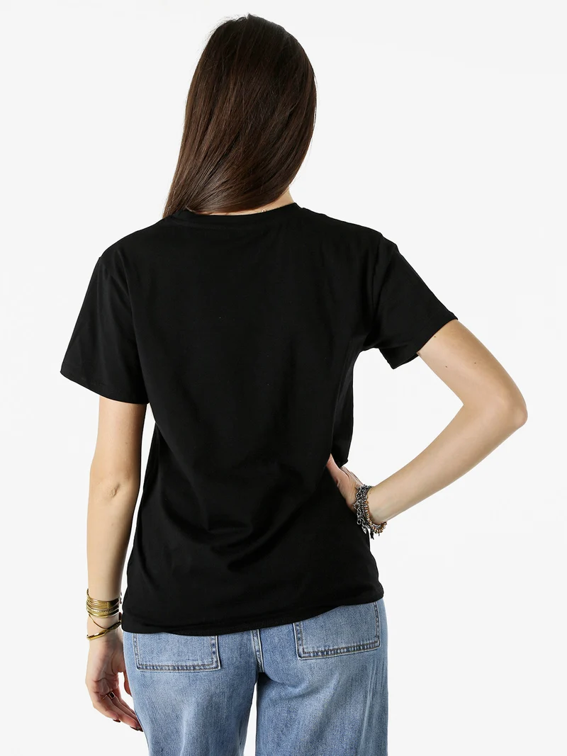 T-shirt donna in cotone con stampa e strass - nero