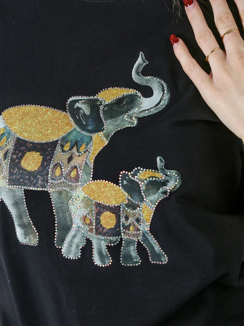 T-shirt donna in cotone con stampa e strass - nero