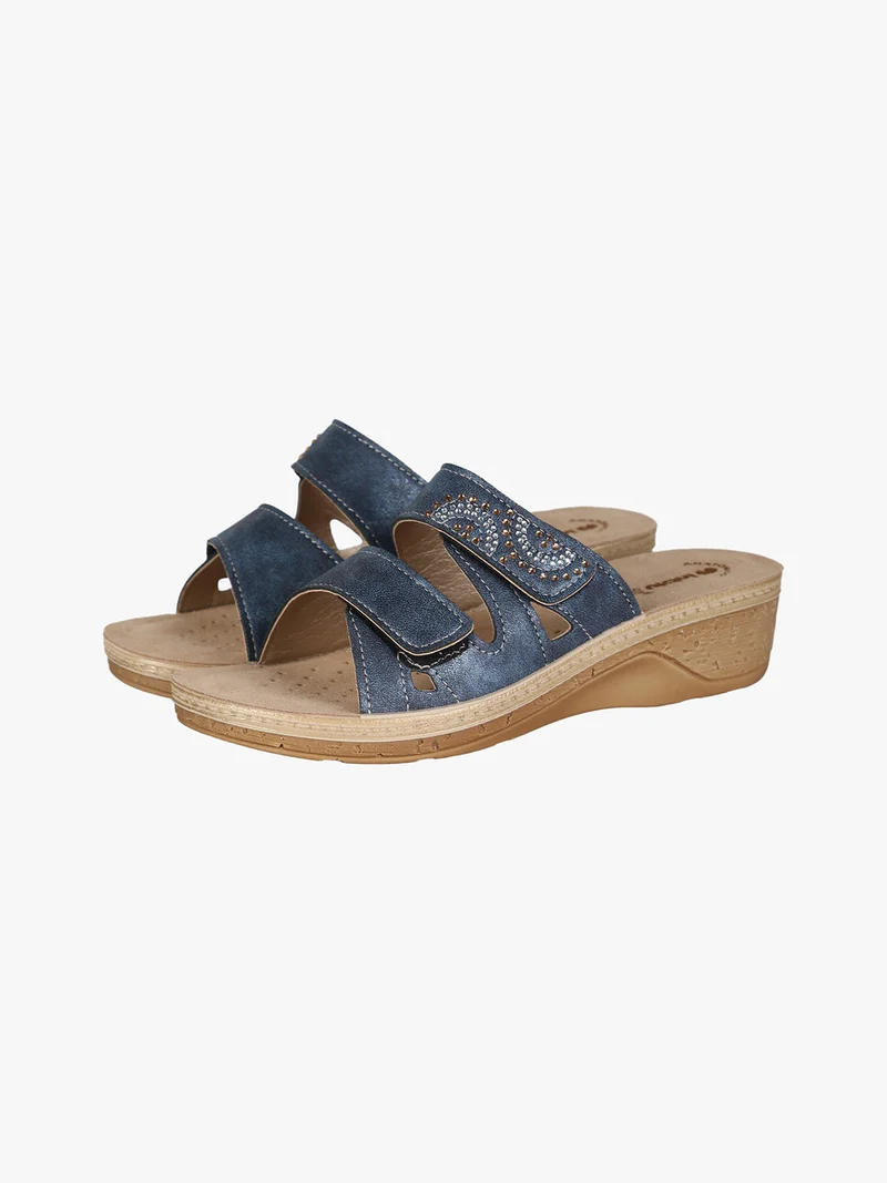 Ciabatte donna con doppia fascia a strappo e zeppa - blu