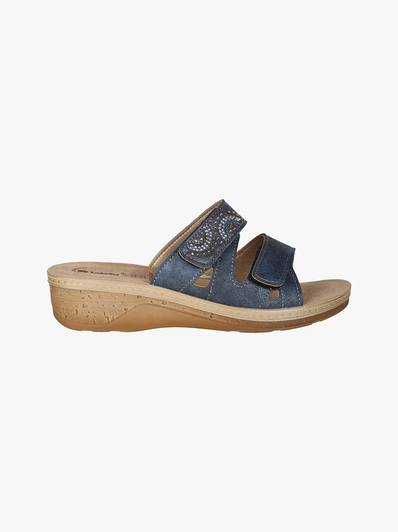 Ciabatte donna con doppia fascia a strappo e zeppa - blu