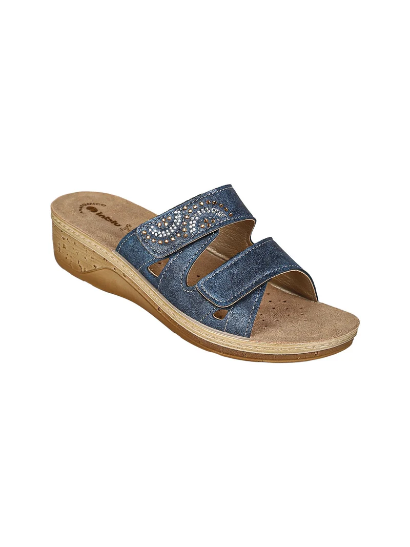 Ciabatte donna con doppia fascia a strappo e zeppa - blu