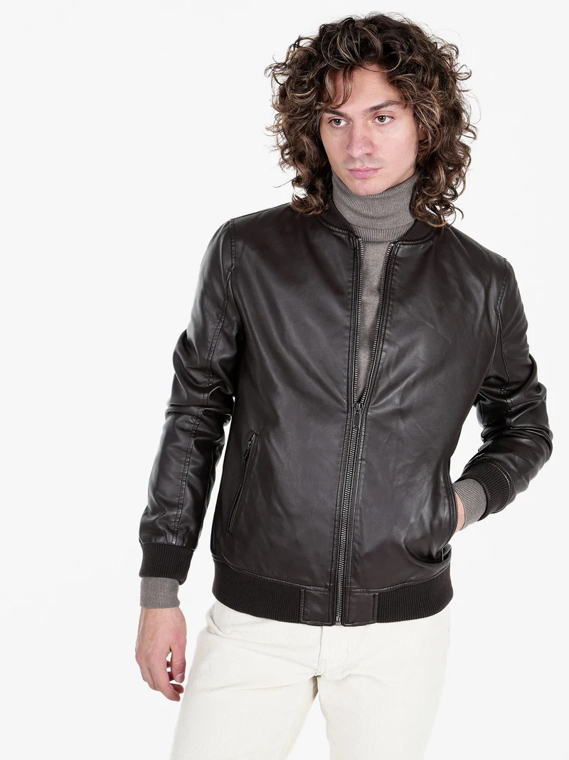 Giacca in ecopelle da uomo con zip - moro