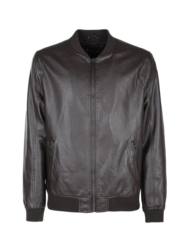 Giacca in ecopelle da uomo con zip - moro