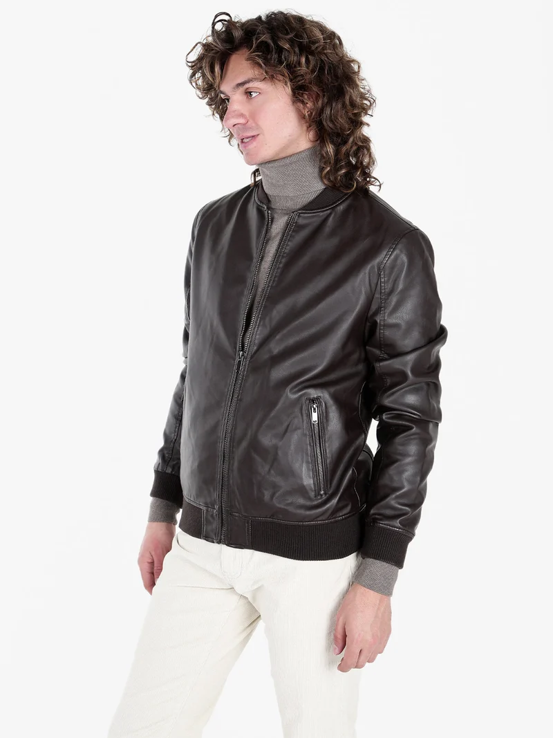 Giacca in ecopelle da uomo con zip - moro
