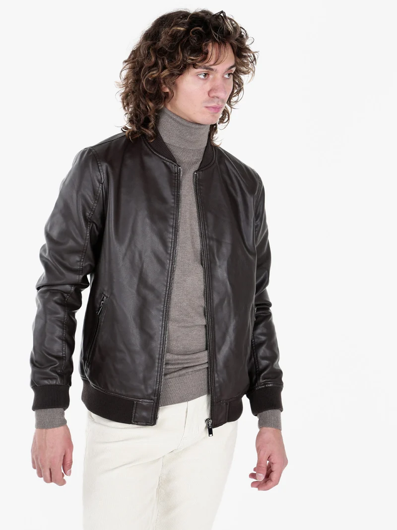 Giacca in ecopelle da uomo con zip - moro