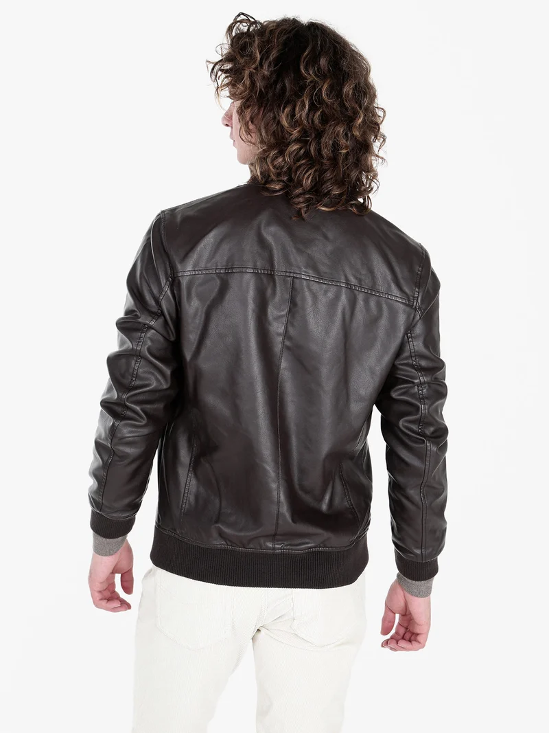 Giacca in ecopelle da uomo con zip - moro