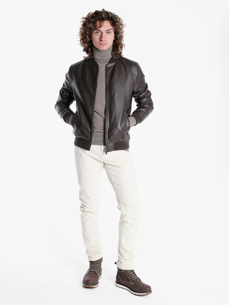 Giacca in ecopelle da uomo con zip - moro