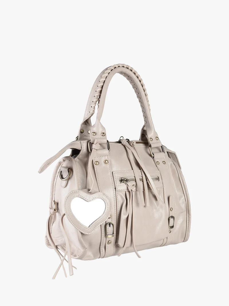 Borsa donna a bauletto con doppi manici e accessorio specchietto - beige
