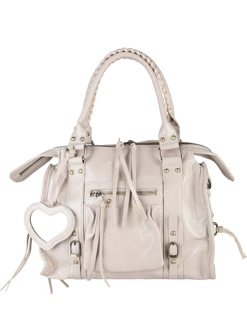 Borsa donna a bauletto con doppi manici e accessorio specchietto - beige