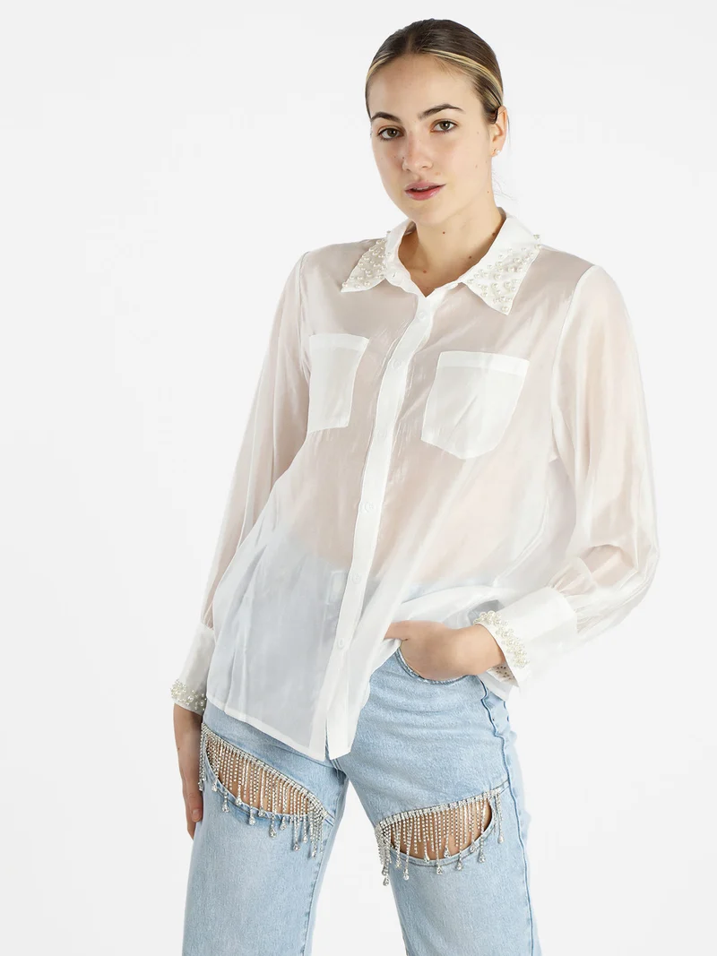 Camicia donna a maniche lunghe con applicazioni di perle - bianco