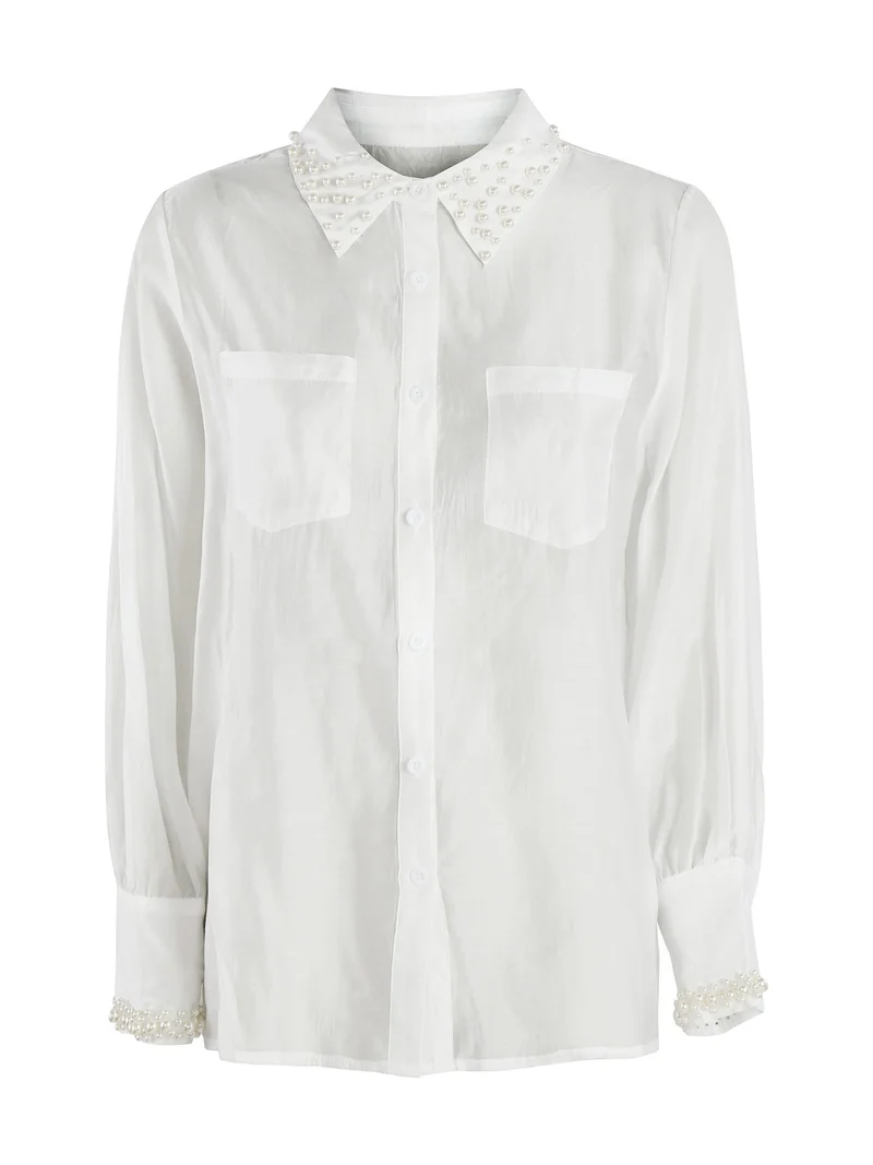 Camicia donna a maniche lunghe con applicazioni di perle - bianco