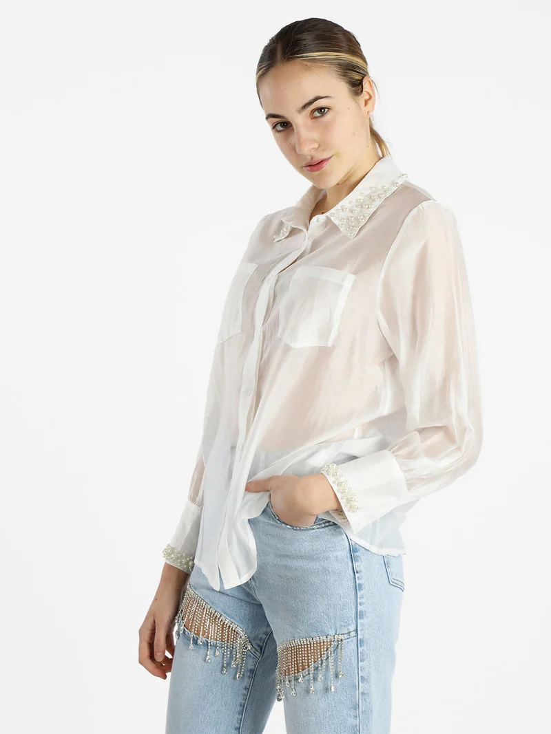 Camicia donna a maniche lunghe con applicazioni di perle - bianco