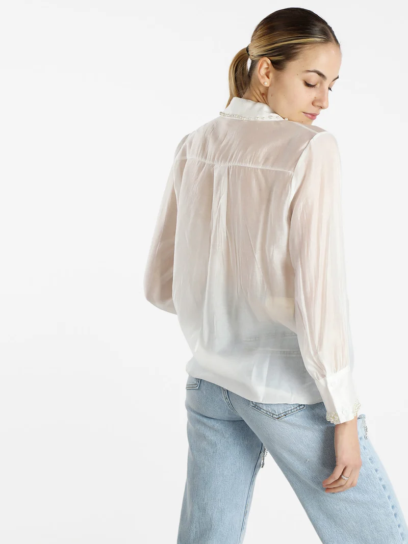 Camicia donna a maniche lunghe con applicazioni di perle - bianco
