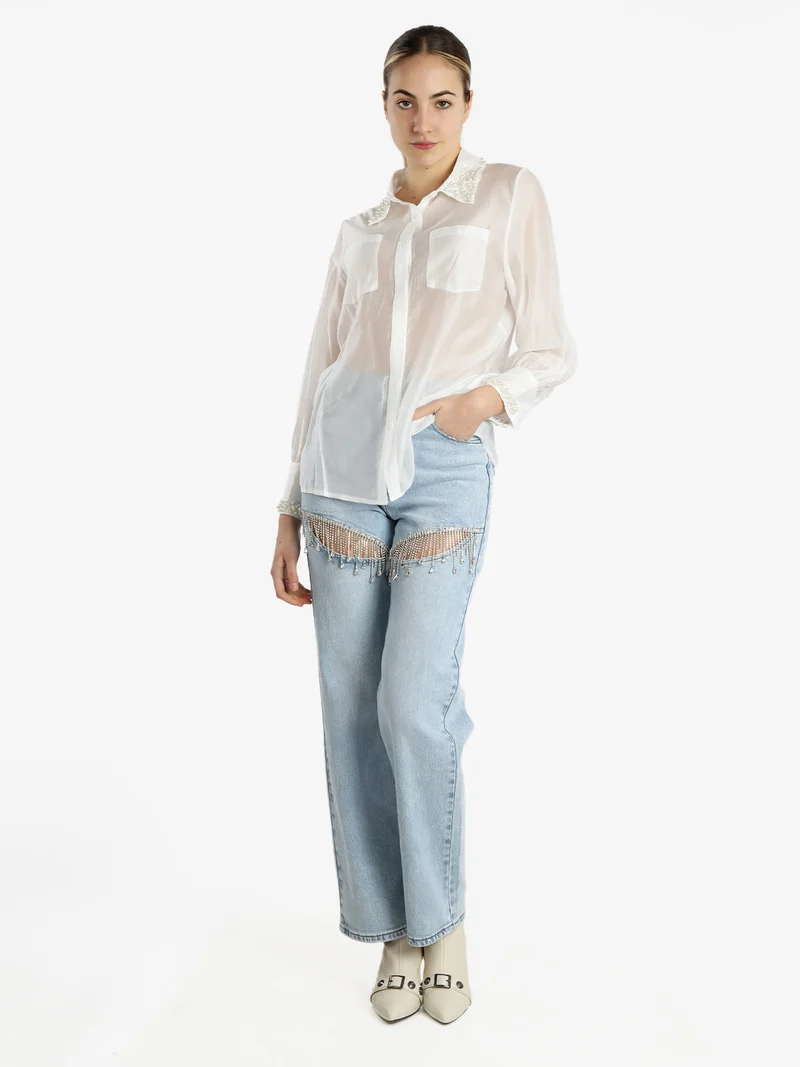 Camicia donna a maniche lunghe con applicazioni di perle - bianco