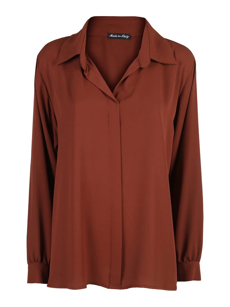 Camicia donna a maniche lunghe con scollo a V linea curvy - marrone