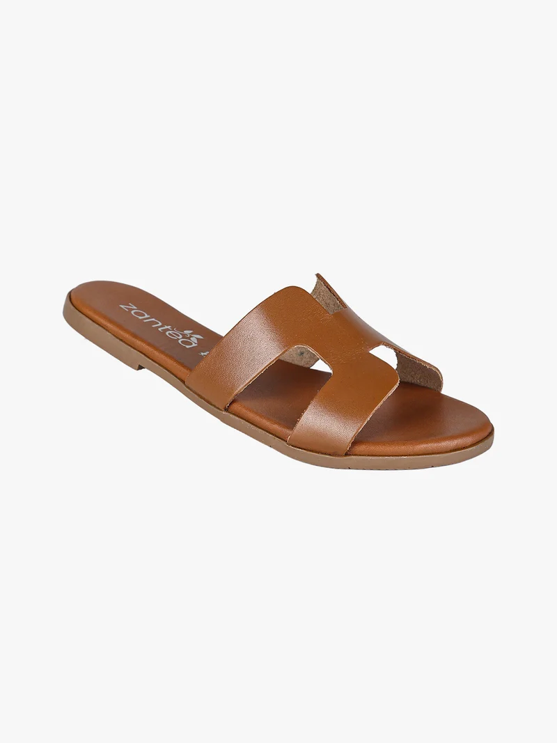 Ciabatte in pelle da donna con fascia ad H - marrone