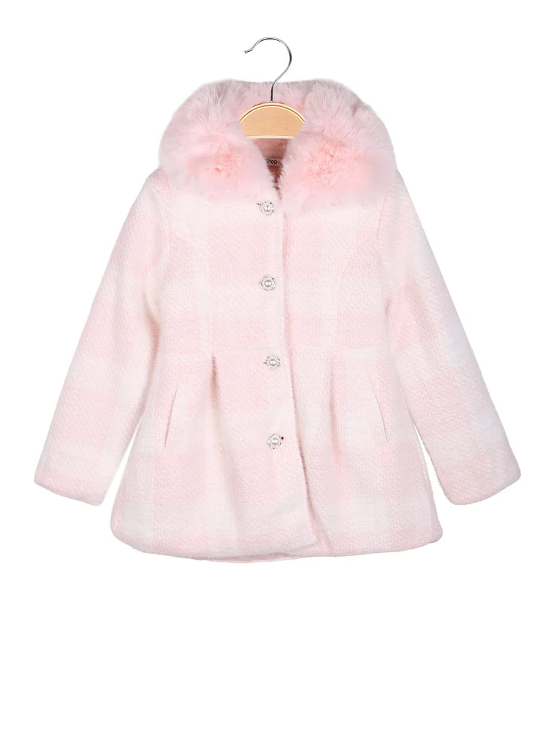 Cappotto da bambina con bottoni di perle e scollo in ecopelliccia - rosa
