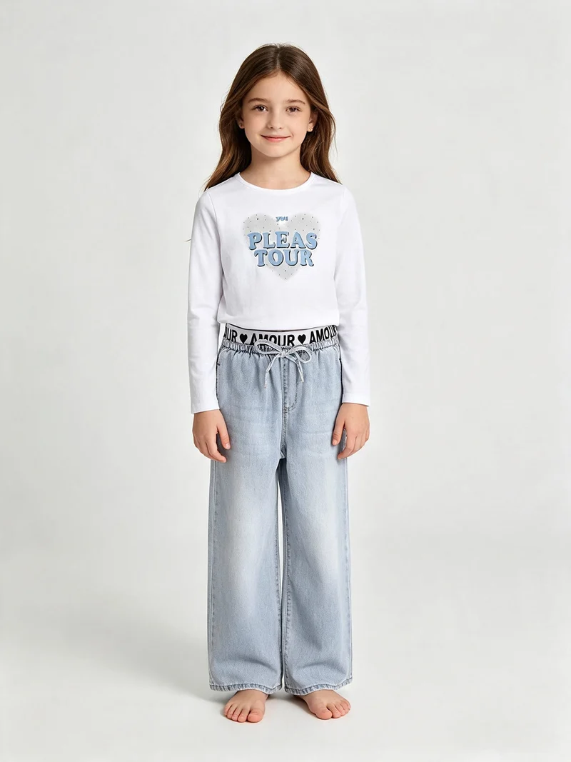 Completo 2 pezzi da bambina con t-shirt e jeans a gamba larga - azzurro
