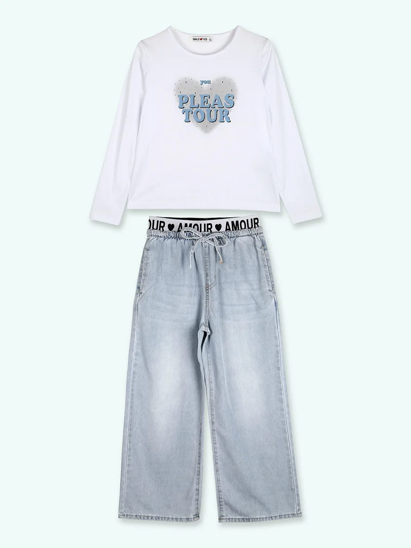 Completo 2 pezzi da bambina con t-shirt e jeans a gamba larga - azzurro