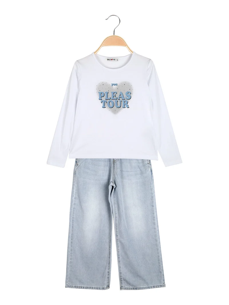 Completo 2 pezzi da bambina con t-shirt e jeans a gamba larga - azzurro