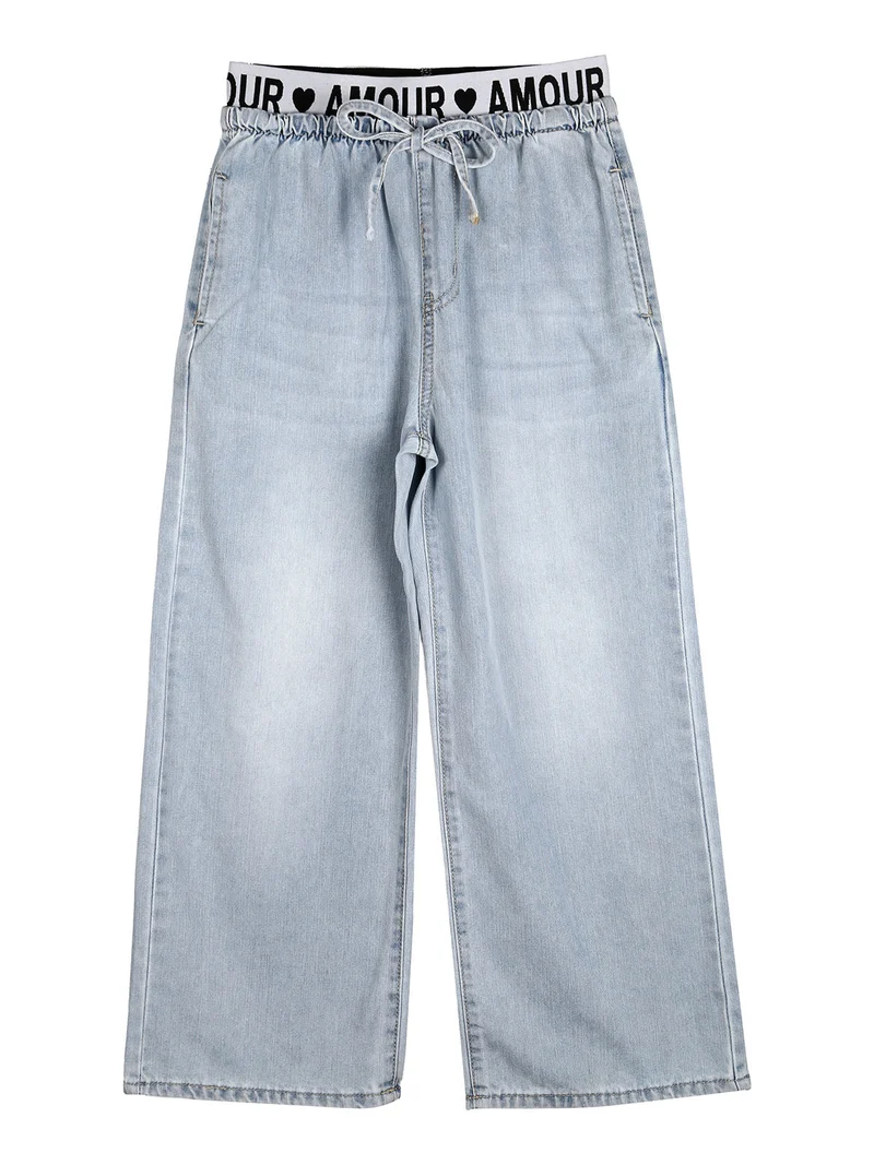 Completo 2 pezzi da bambina con t-shirt e jeans a gamba larga - azzurro