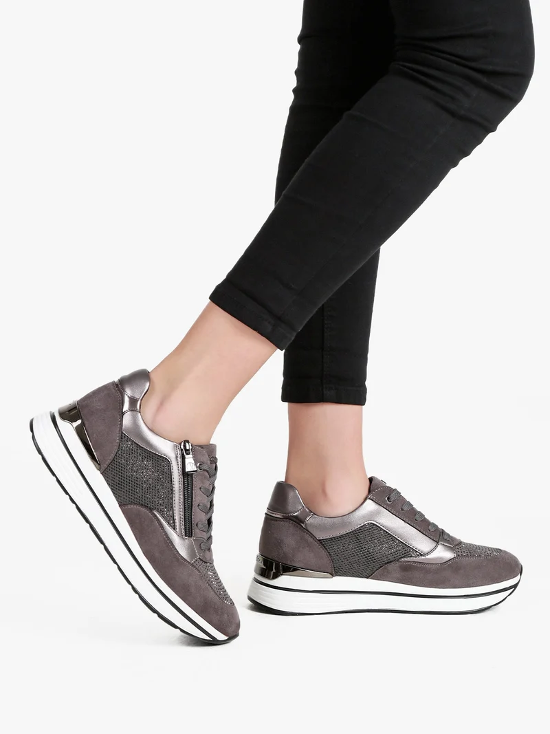 Sneakers donna platform con zip e lacci - grigio scuro