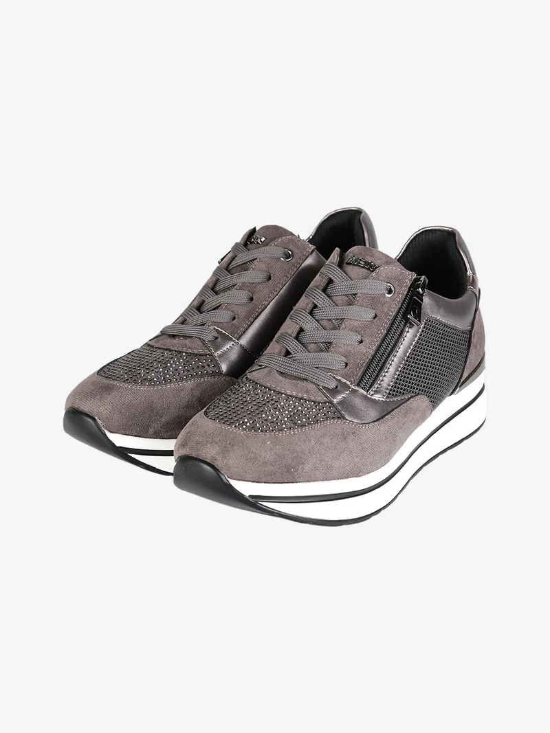 Sneakers donna platform con zip e lacci - grigio scuro