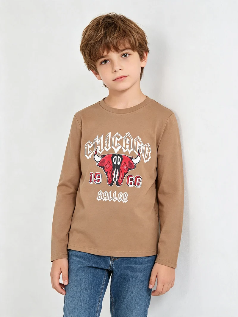 T-shirt da bambino a maniche lunghe con stampa - marrone