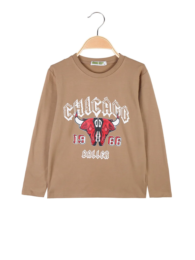 T-shirt da bambino a maniche lunghe con stampa - marrone