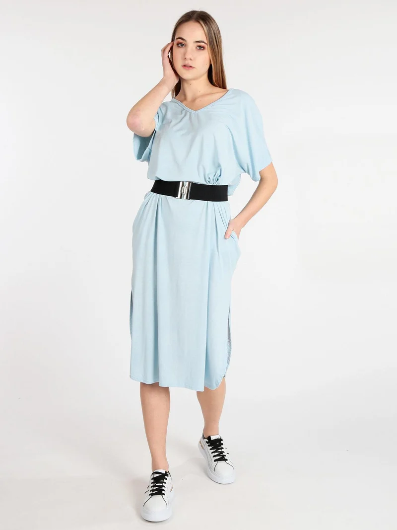 Abito lungo con scollo a V manica corta - azzurro