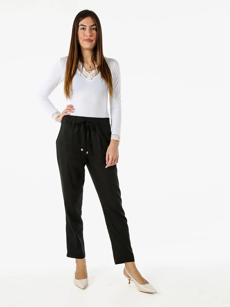 Pantaloni donna in misto lino con risvolti - nero